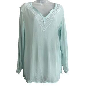 i.e Silk Blouse Size Large Blue Long Sleeve Embroidered Sequin Tunic Crinkle